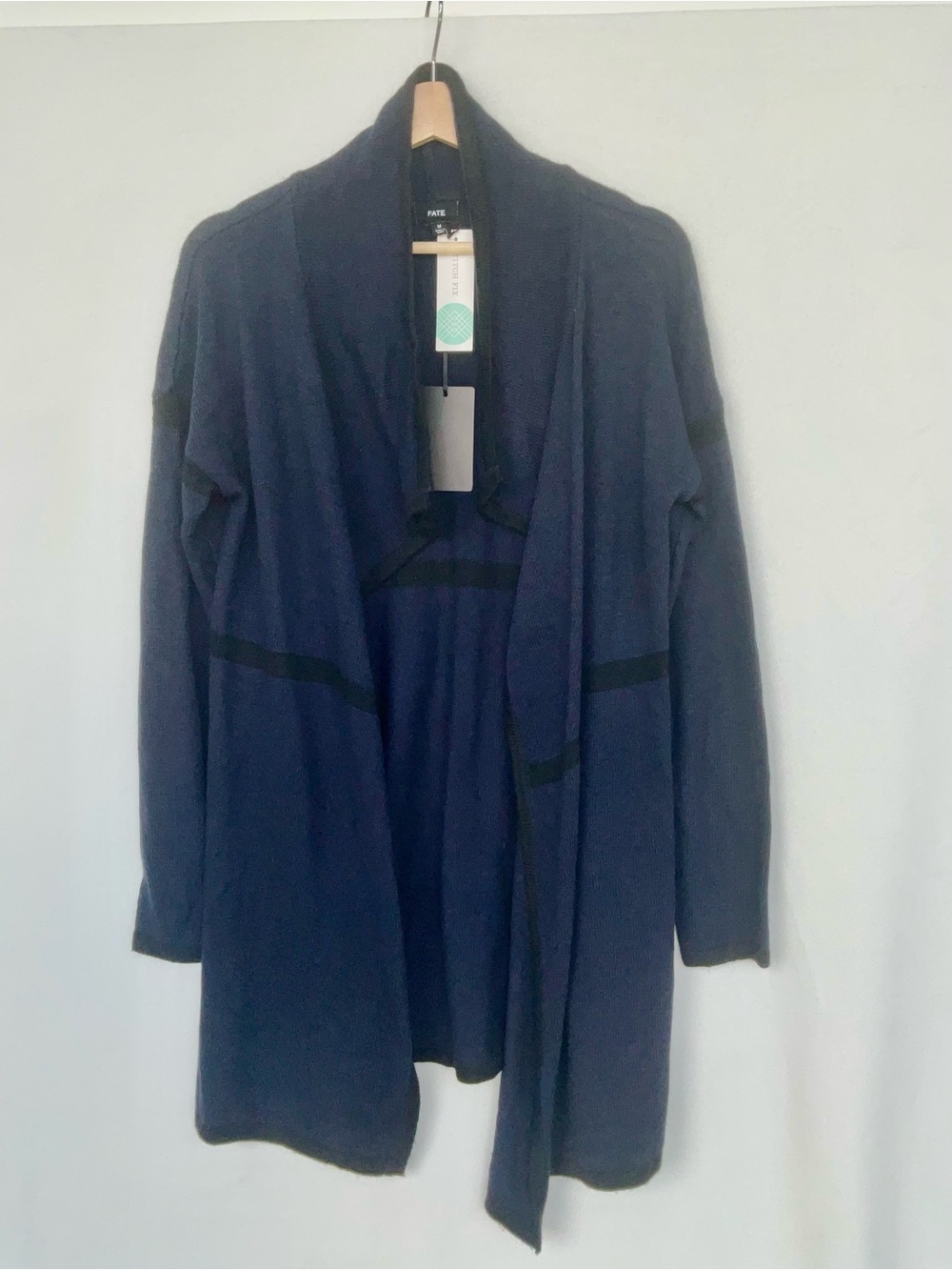 Fate Navy Open-Front Draped Cardigan